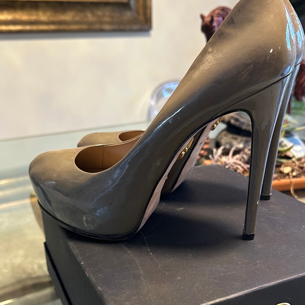 Pour La Victoire Taupe Patent Platform Stiletto Pumps